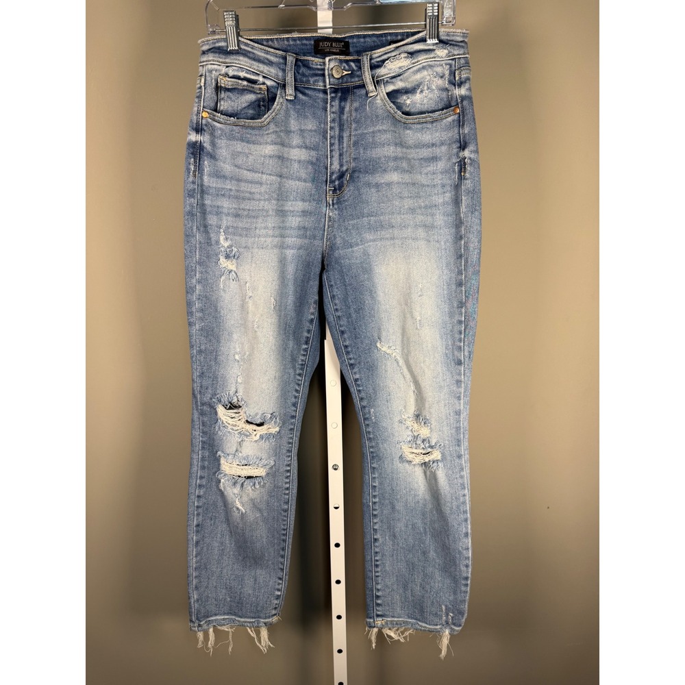 Judy Blue Straight Fit Distressed Jeans Size 11/30 Medium Wash - Picture 2 of 7